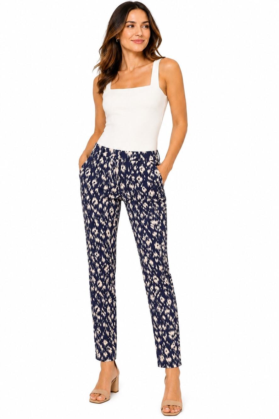 NWT Joe Fresh Navy Cream Abstract Print Straight Leg Pants Women 12